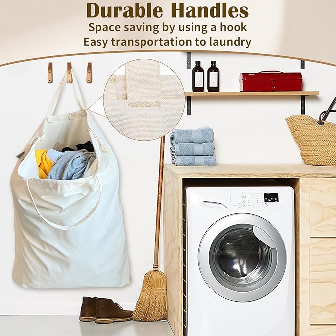 Canvas Laundry Bag 33"Wx 35"H, Thick Canvas Laundry Bag with Handles & Drawstring, Extra Large Heavy Duty Washable Basket Liner Hamper Liner Storage Sack (Beige XL, 2 Pack)