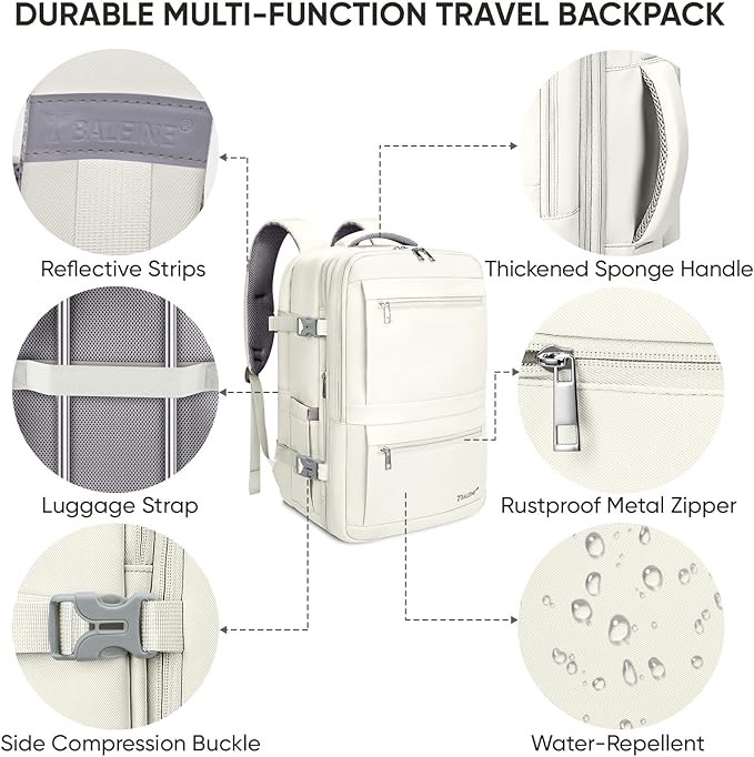 BALEINE Travel Backpack for Women Men, Large Sturdy Carry On Laptop Backpack Gifts for Business, Casual, Weekender, Hiking (XL, Beige)