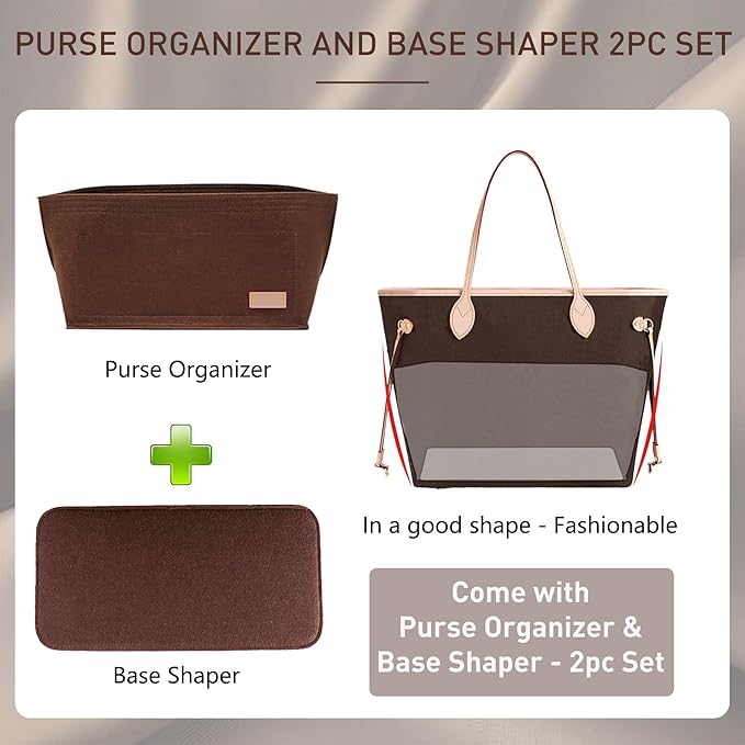 Doxo Purse Organizer Insert for Handbags & Base Shaper 2pc Set, Felt Bag Organizer for Tote with 3 Sizes, Compatible with Neverful PM and More (PM-Brown-Medium)