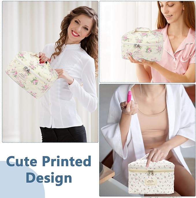 Large Travel Quilted Makeup Bag for Women,Big Floral Cotton Cosmetic Bag, Cute Coquette Aesthetic Floral Toiletry Organizer Bag (Pink pattern)