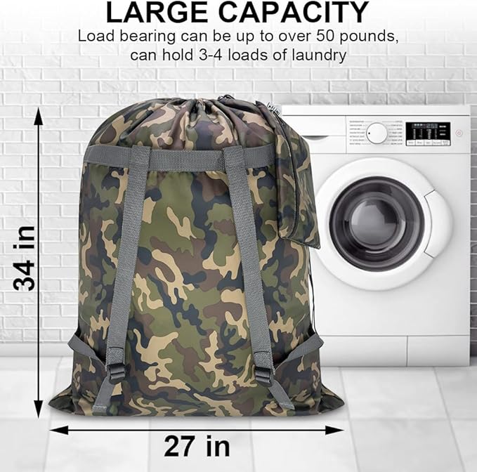 Large Laundry Bag Backpack, 27” x 34”Sturdy Laundry Bag with Shoulder Straps Drawstring Closure Heavy Duty Foldable Laundry Backpack for College, Travel, Laundromat, Apartment (camo)