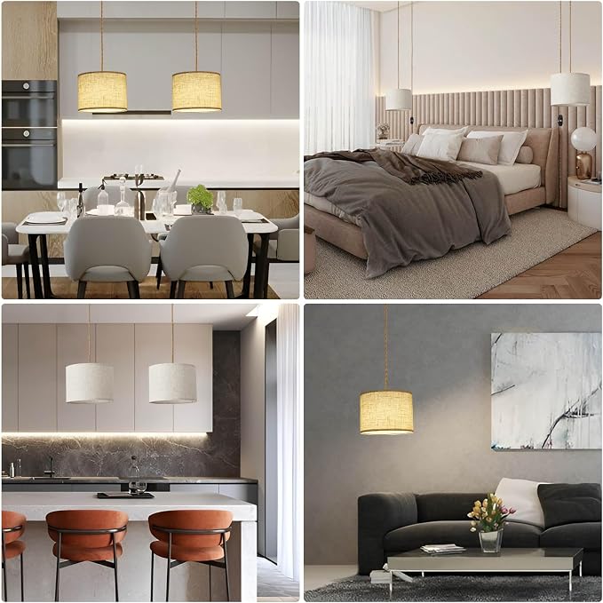 KUAUGST Plug in Pendant Light, Hanging Light with Plug in Cord with Dimmable Switch, Hanging Lamp with 15ft Hemp Rope, Beige Linen Shade, Fixture for Bedroom, Living Room 2 Pack