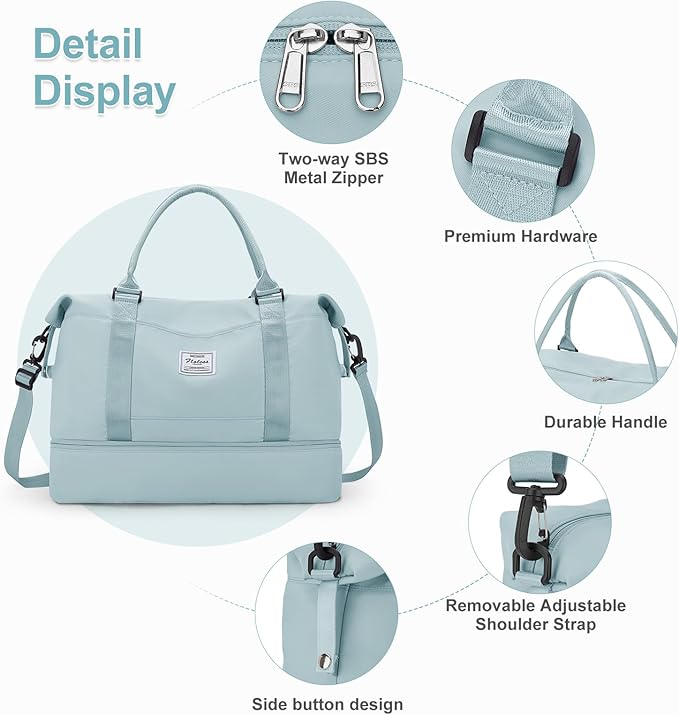 Large Weekender Bags for Women, Travel Duffel Bags with Shoe Compartment,Personal Item Travel Carry on Overnight bag for women Travel Set,Light Blue