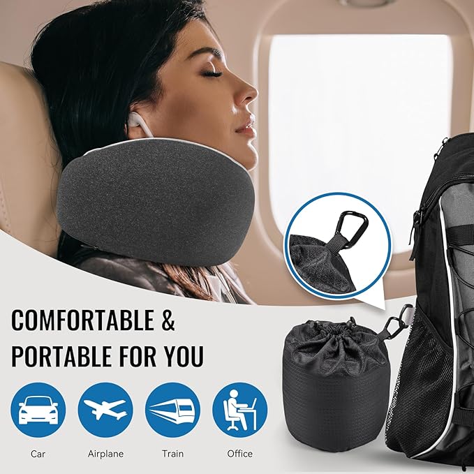 Travel Neck Pillow for Airplanes, Premium Memory Foam Neck Pillow with Ergonomic 360° Support, Travel Essentials for Plane, Car, Train and Home, Max Black
