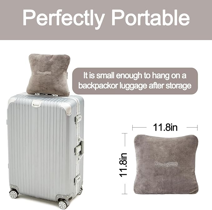 Travel Blanket Pillow, Premium 2 in 1 Flannel Airplane Blanket Compact for Travel,Office, Home,Travel Essentials Accessories for Plane and Car,Compact Office Blanket (Gray)
