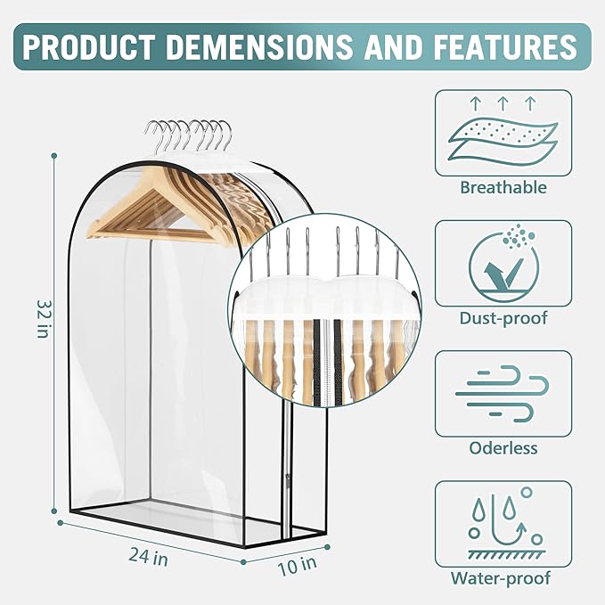 Liuoud Clear Garment Bag for Hanging Clothes 10” Gusseted, 32” Suit Bags for Open Closet Storage Plastic Clothes Cover for Coat, Dress, Shirts, Fur, Jacket, Wardrobe Protectors, 4 Pack