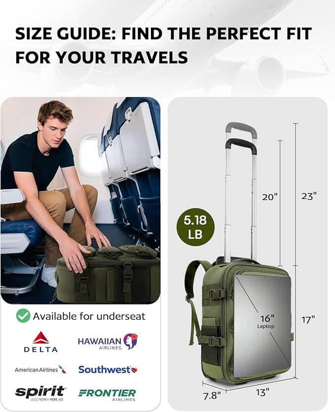 Rolling Tactical Laptop Backpack, Underseat Travel Backpack with Wheels, 16 Inch Wheeled Military Computer Backpack for Men and Women, Roller Overnight Molle Outdoor Hiking College Carry on Luggage