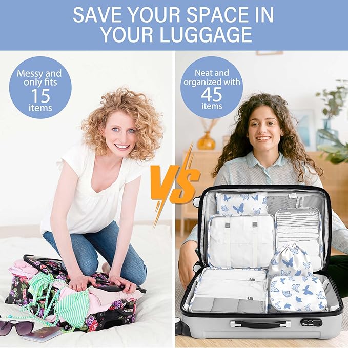 KPX 8 Set Packing Cubes for Travel, Luggage Packing Organizers Accessories Large Toiletries Bag for Clothes Shoes Cosmetics (8Set-Butterfly)