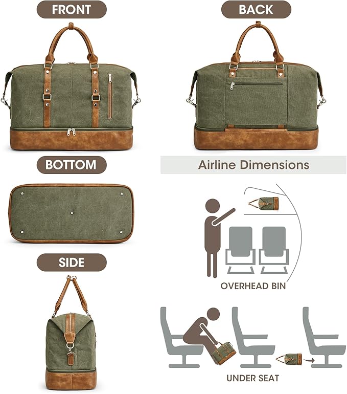 S-ZONE Weekender Bag for Men Canvas Duffle Large Weekend Overnight Travel Carry On Tote Bag with Shoe Compartment (Army Green)