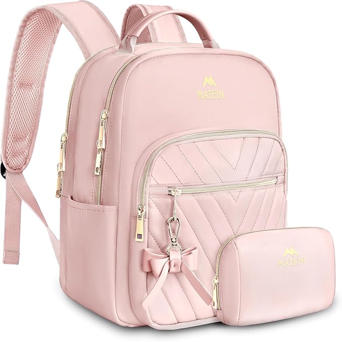 MATEIN Bowknot Cute Backpack Purse, Fashion Mini Shoulder Bag, Waterproof Lightweight Travel Daily Backpack College Handbag for Ladies Women, 2pcs Sets, Pink