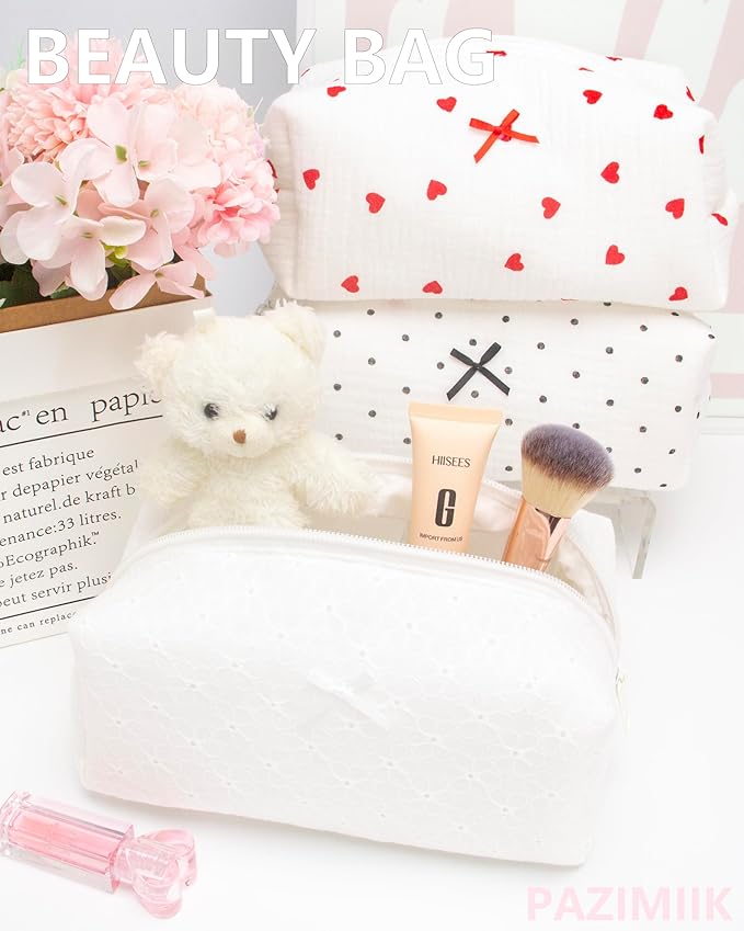 PAZIMIIK Cozy Makeup Bag Small Aesthetic Travel Zipper Cosmetic Pouch for Women Make Up Beauty Accessories Brushes,Embroidery Flower