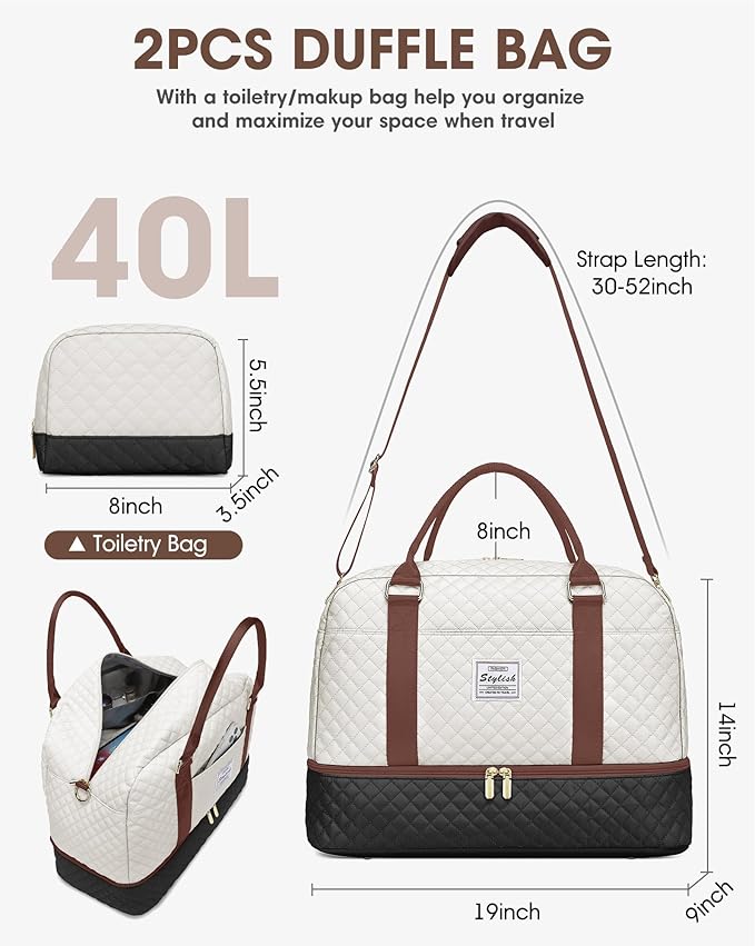 Travel Duffle Bags for Women - Overnight Weekender Bags With Toiletry Bag Carry On Duffel Bags with Shoe Compartment Hospital Bag with Wet Pocket for Labor Delivery Black Brown