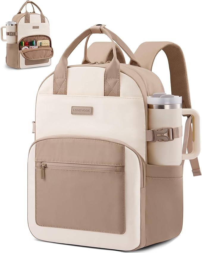 LOVEVOOK Laptop Backpack for Women - Stylish Work Backpack with Large Cup Holder, Waterproof College Teacher Backpack, Beige-Khaki, 17Inch