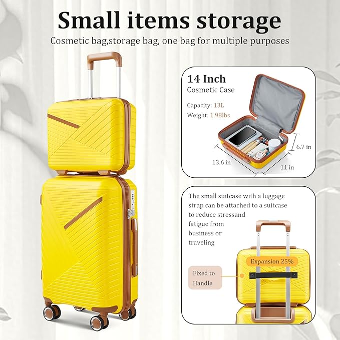 4 Piece Expandable Hardshell Pink Luggage Sets with Spinner Wheels, Lightweight Travel Suitcase Set with TSA Locks, 20 inch Carry On for Women (Yellow, 4 Piece Set)
