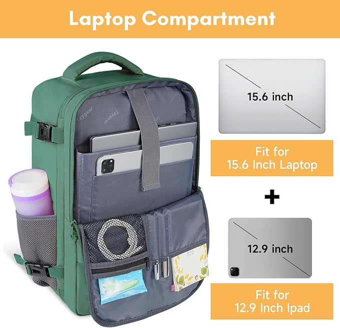 Taygeer Travel Backpack for College Woman, Lightweight Backpack for 15.6 inch Laptop with Water Bottle Holder, TSA Friendly Bag for Women, Back Pack Carry On Luggage for friend Gym Sport,Green