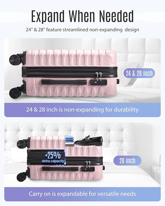LIGHT FLIGHT Luggage Sets, 3 Piece Durable Suitcase Set with Spinner Wheels, 3 Pcs Hardside Lightweight luggage with TSA Lock, Large Checked Travel Suitcases, 20/24/28 Inch, Pink