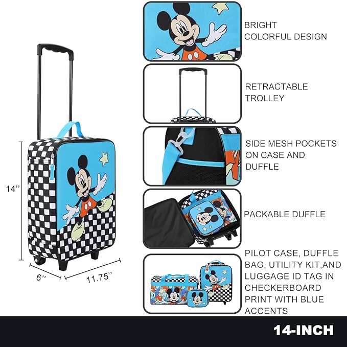 Bioworld Disney Mickey Mouse Polka Dots Youth 4-Piece Travel Set Carry on Luggage