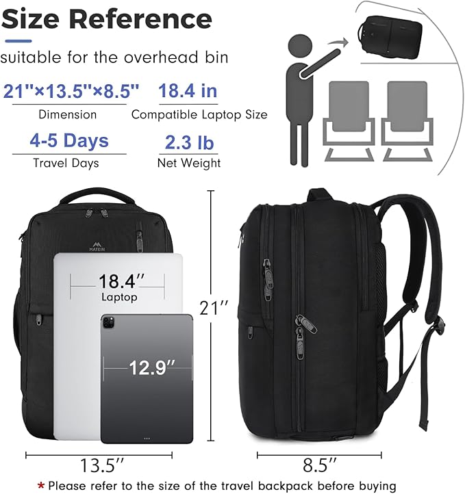 MATEIN Extra Large 45L Travel Laptop Backpack, Airline Approved Carry on Backpack with Shoe Compartment, Water Resistant Luggage College Overnight Weekender Travel Bag Fit 18" Laptop, Black