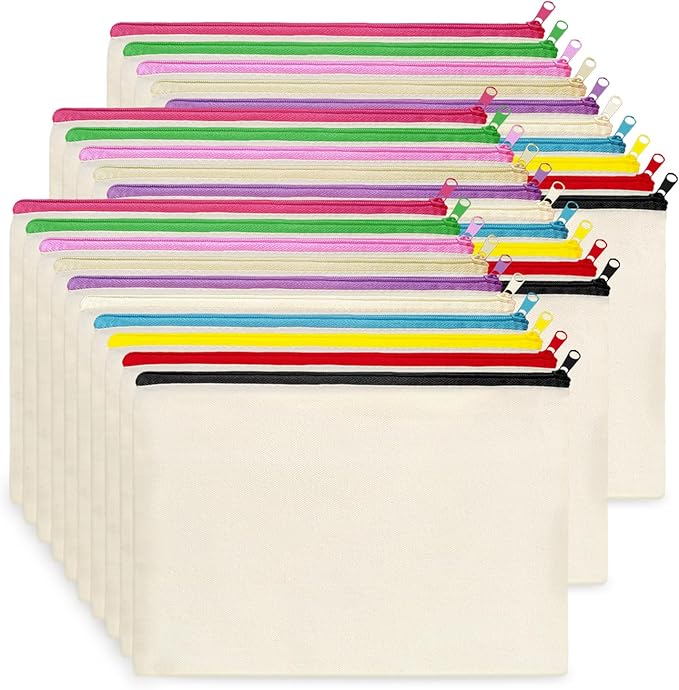 Koolmox Makeup Bags Bulk 30 Pack, Canvas Pouch with Zipper of 10 Colors, 8x5'' Blank Cotton Pouches for Embroidery, Tie Dye, Marker, Circuit Projects, Christmas Gifts, Travel Bag for Pen Pencil