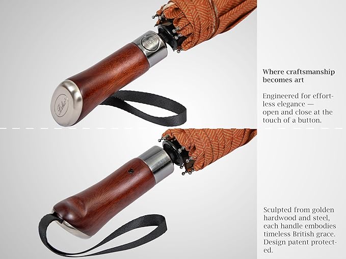 Balios (Designed in UK) Travel Umbrella Luxurious Golden Hardwood Handle Auto Open & Close Windproof Frame Single Canopy Automatic Folding Umbrella Men's & Ladies