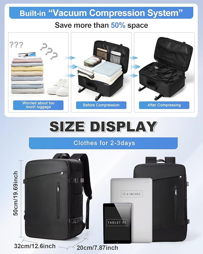 VGCUB Vacuum Backpack Travel with Suit Bag and Air Pump Compression Vacpack Carry on Flight Approved Daypack Laptop Space Saver Garment Bags for Travel Storage with Vacuum System Women Men Black