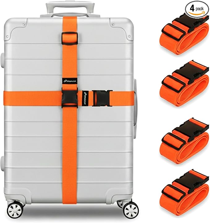 Luggage Straps for Suitcases, Adjustable Travel Suitcase Belts with Buckle Closure, Designed for Carry-On and Checked Luggage, Reusable Travel Accessory, Orange - Pack of 4