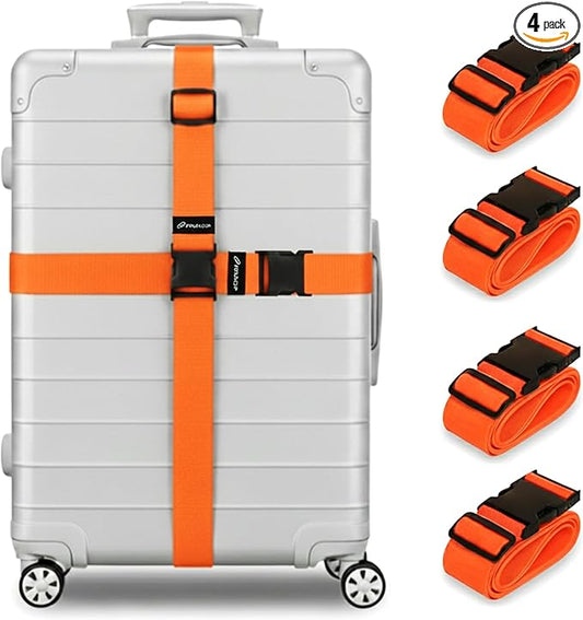 Luggage Straps for Suitcases, Adjustable Travel Suitcase Belts with Buckle Closure, Designed for Carry-On and Checked Luggage, Reusable Travel Accessory, Orange - Pack of 4