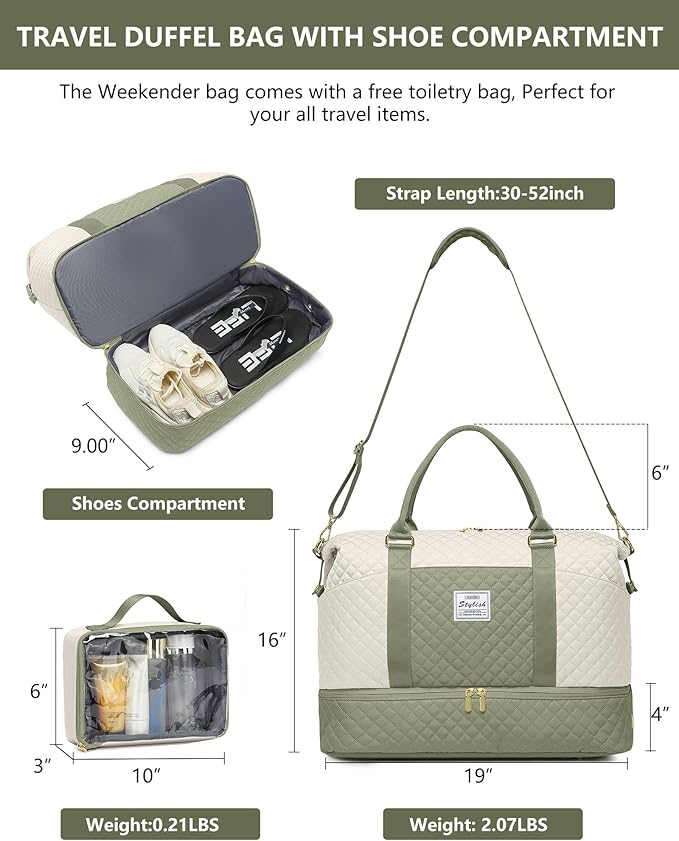 Weekender Bags for Women Duffle Bag - Travel Duffel Bag with Shoe Compartmen Carry on Overnight Bag with Toiletry Bag Gym Tote Bag with Wet Pocket Hospital Bags for Labor and Delivery Beige Green