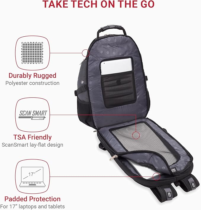 SWISSGEAR 1900 ScanSmart TSA Laptop Backpack Fits 17 Inch Laptop with RFID Protection and Tablet Pocket, Grey/Black, 19-Inch