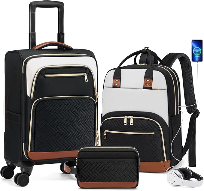 RAINSMORE Carry On Luggage 22x14x9 Airline Approved, 20 Inch Softside Suitcases with Wheels, 3 Piece Luggage Sets, Rolling Carry On Suitcase with TSA Lock for Travel Weekender
