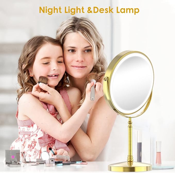 DEIOVWXS Makeup Mirror, 3000mAh Rechargeable Double-Sided Magnifying Vanity Mirror with 3 Colors, 1X/10X, 360° Rotation, Adjustable Brightness, Gifts for Mom, Women,Wife, Girls, Dorm Room Essential