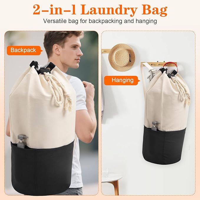 Black single-shoulder backpack-style laundry bag made of durable canvas material with a drawstring closure design, suitable for use at university, camping, laundromats, and apartments.