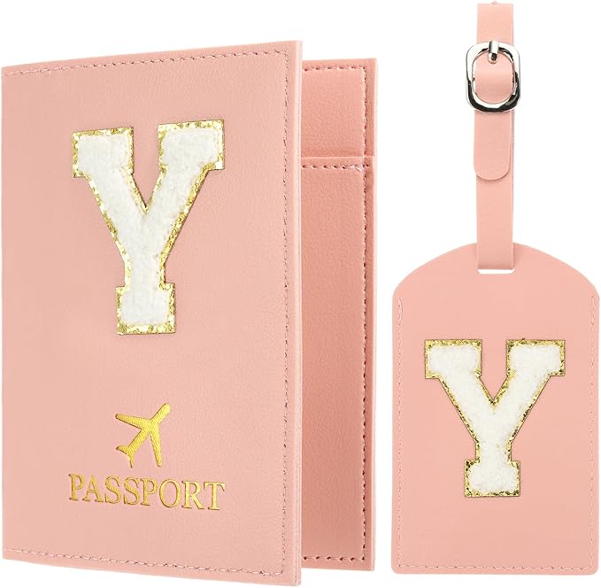 PATIKIL Passport Holder for Travel, Initial Passport Cover and Luggage Tag Set with Alphabet Chenille Letter Patch Travel Wallet Bag Suitcase Identifier for Women Family Travel Pink Y