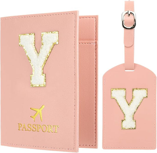 PATIKIL Passport Holder for Travel, Initial Passport Cover and Luggage Tag Set with Alphabet Chenille Letter Patch Travel Wallet Bag Suitcase Identifier for Women Family Travel Pink Y