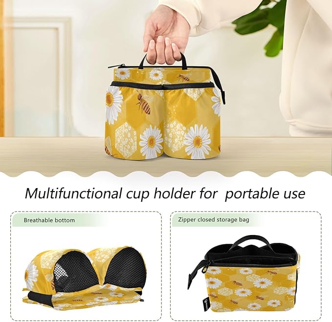 Luggage Cup Holder for Suitcases Free Hands Travel Cup Holder Portable Suitcase Cup Drink Holder Luggage Cup Caddy Bag Carrier Yellow Beeswax Bee Daisy01