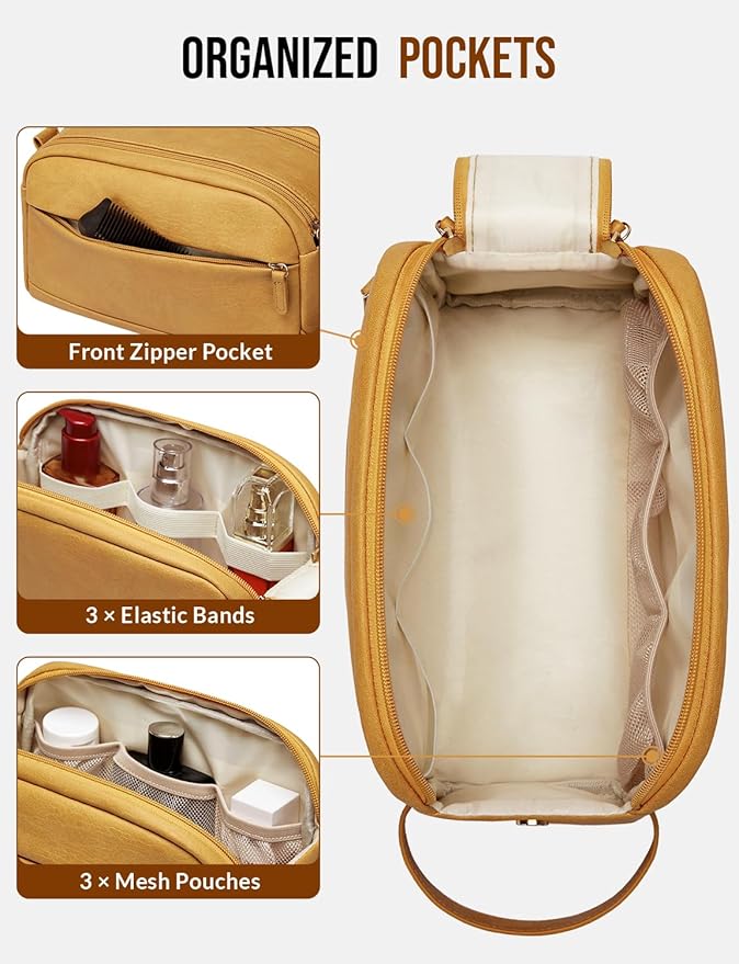 PU Leather Toiletry Bag for Men - Water Resistant Travel Bag for Toiletries, Bathroom Essentials, Accessories - Yellow