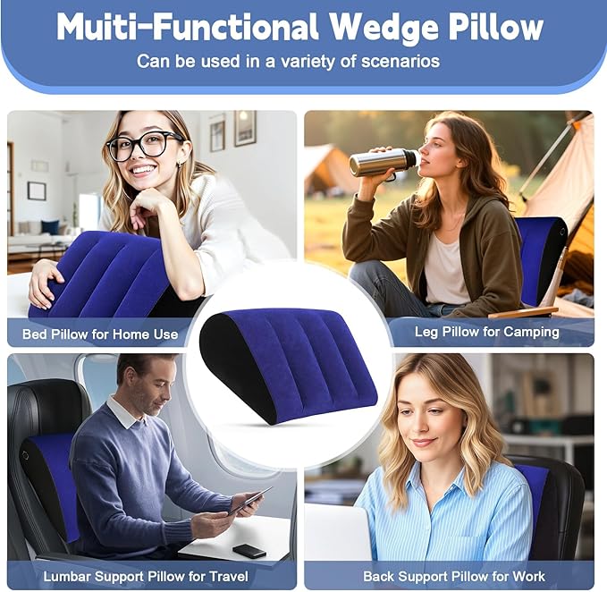 TheClover Inflatable Wedge Pillow Travel Cushion - Travel Wedge Pillow with Eye Mask,Adjustable Bed Wedge for Acid Reflux,Camping, Car, Office,Airplane (Blue)