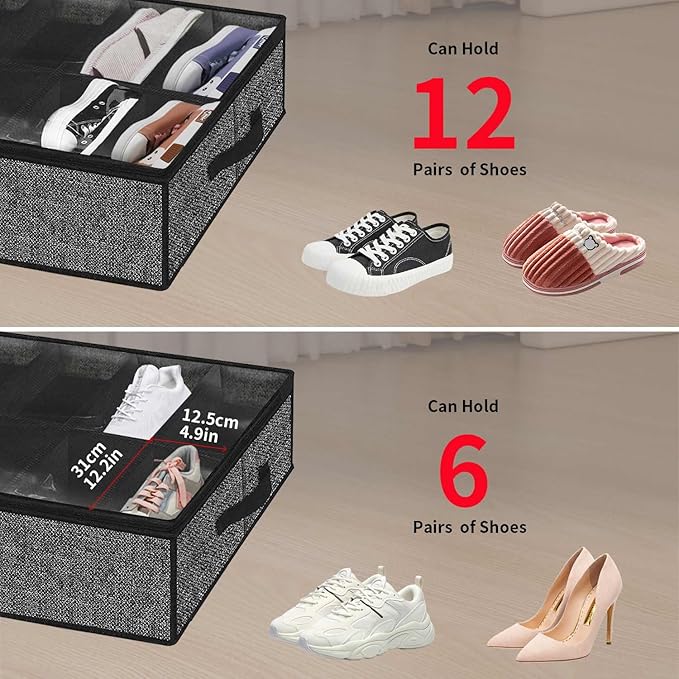 Onlyeasy Under Bed Shoe Storage Organizer For Closet, 4 Pack Fit 12x4 Pairs, Underbed Solution Shoes Container Bags with Sturdy Sidewall & Reinforced Handles, Breathable, Linen-like Black, MXAUBSB4P