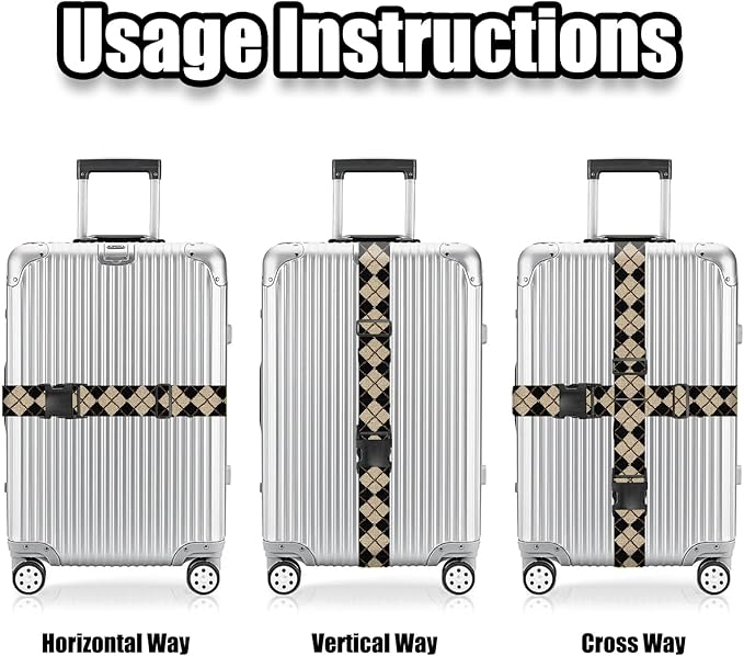 Nuxovilar Luggage Straps Black Beige Argyle Polyester 1.96x90.5inch 2 Set Suitcase Cargo Strap Travel Supply Backpacker Journey Resort Picnic