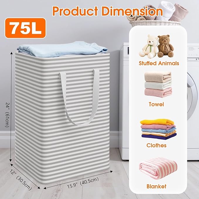3 Pack Laundry Basket, Waterproof & Freestanding Large Laundry Hamper, Collapsible Clothes Hampers with Easy Carry Long & Reinforced Handles in Bedroom Bathroom, College Dorm(75Lx3, Gray)