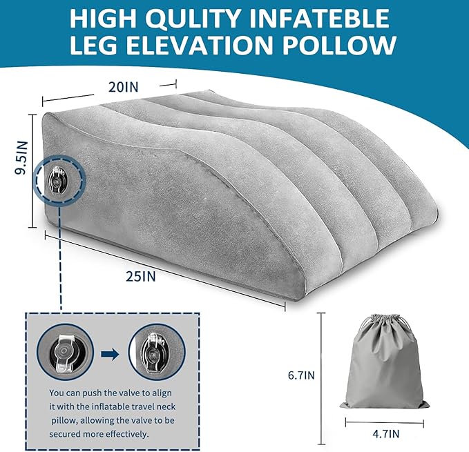 Inflatable Leg Elevating Pillow for Traveling - Leg Pillow Elevation with Eye Mask,Inflatable Leg Pillow for Swelling,Circulation,Pain Relief,Bolster Pillow Support for Ankle Recovery,Foot,Knee,Gray