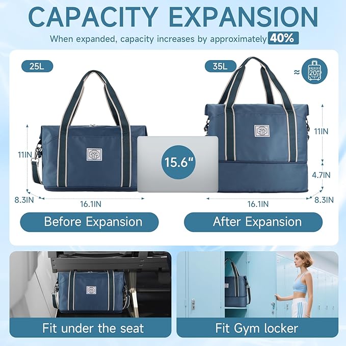 WALNEW Travel Duffel Bag, Weekender Overnight Carry On Bag for Women Men, Foldable Waterproof Gym Luggage with Metal Buckle Detachable Shoulder Strap and Wet Compartment (Peacock Blue)