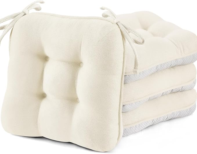 BETU White Chair Cushions for Dining Chairs Set of 4,3.5" Thick Kitchen Table Chair Pads with Ties,Non Slip Backing and Covers, Seat Cushion for Dining Room,Bar,Patio Chairs,16"X16"X3.5",White