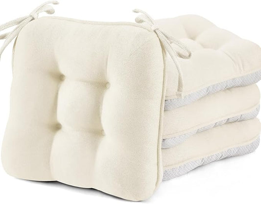 BETU White Chair Cushions for Dining Chairs Set of 4,3.5" Thick Kitchen Table Chair Pads with Ties,Non Slip Backing and Covers, Seat Cushion for Dining Room,Bar,Patio Chairs,16"X16"X3.5",White