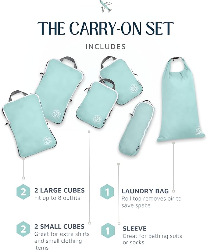 Compression Packing Cubes 6 Piece Set for Carryon Suitcases- Lightweight, Durable Clothes Organizer (Dusty Teal and White)