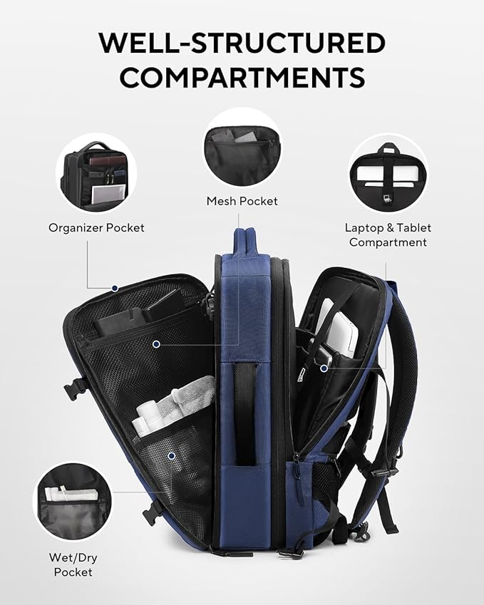 Dinictis Vacuum Seal Travel Backpack 60L Built-in Pump, Expandable Backpack with Vacuum Compression Fits 17 inch Laptop, Water Resistant Carry On Suitcase Luggage for Short Trip and Business-Blue