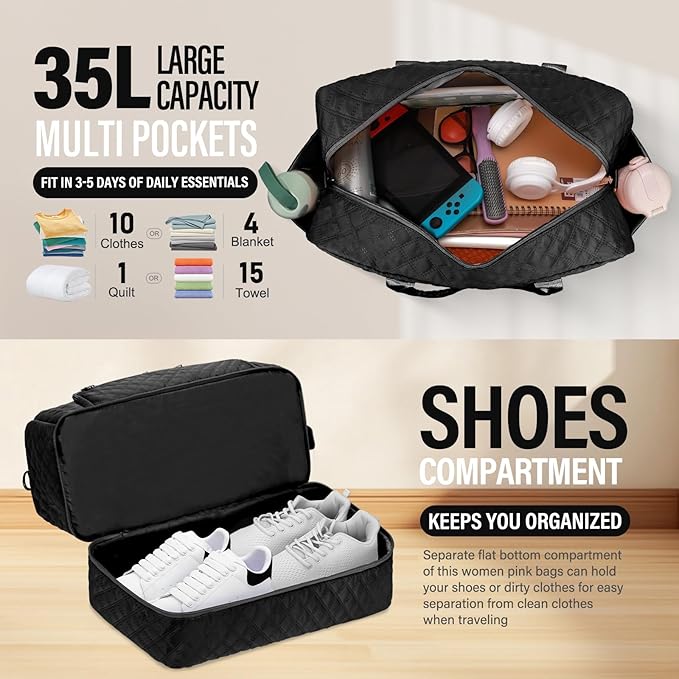 Large Travel Duffle Bag for Women,Carry on Overnight Bag Weekender Bags with Toiletry Bag Travel Bags for Women with Shoe Compartment for Gym Business Trips Sport Hospital(Black)