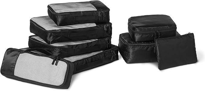 Amazon Essentials 8-Piece Packing Cubes Travel Accessories Set, Luggage Organiser with Double Zip, 100% Polyester, Multiple Dimensions, Black