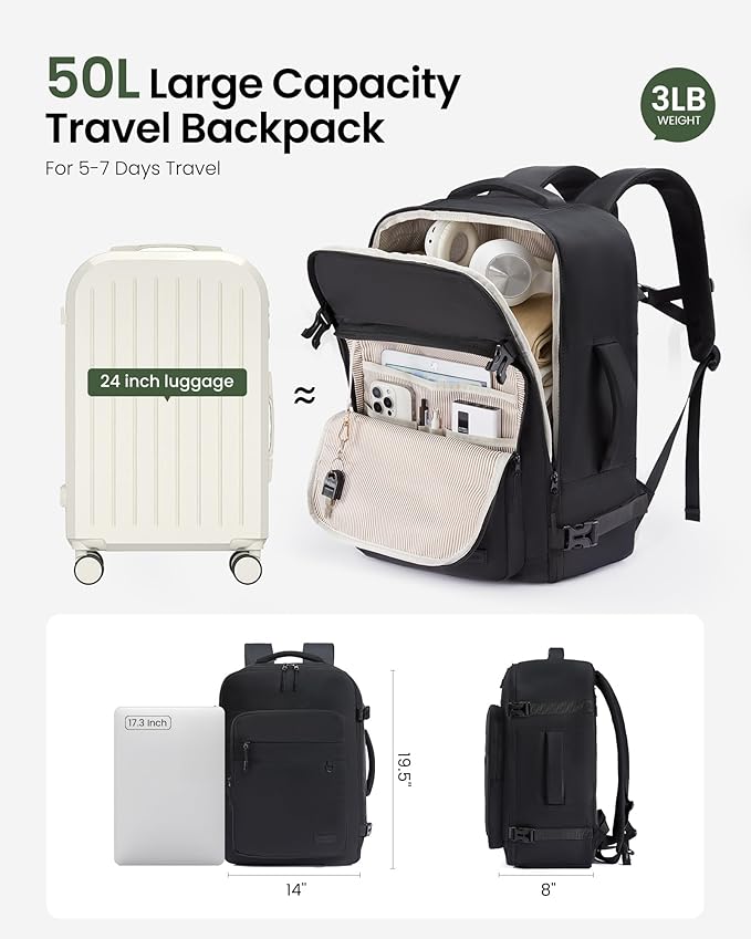 LOVEVOOK 50L Carry on Backpack, Large 17 Inch Travel Backpack for Women Men, Personal Item Bag Airline Approved with 3 Packing Cubes, Hiking Backpack Waterproof Weekender Essentials Casual Daypack
