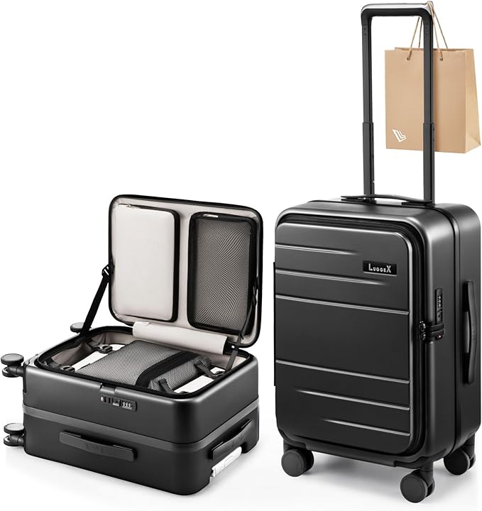 LUGGEX Carry On Luggage Top Opening, FLA Aluminum Frame Trunk Style Luggage, Polycarbonate Hard Shell Suitcase (FX-Enhance, Charcoal Metallic, 20 Inch, 38L)